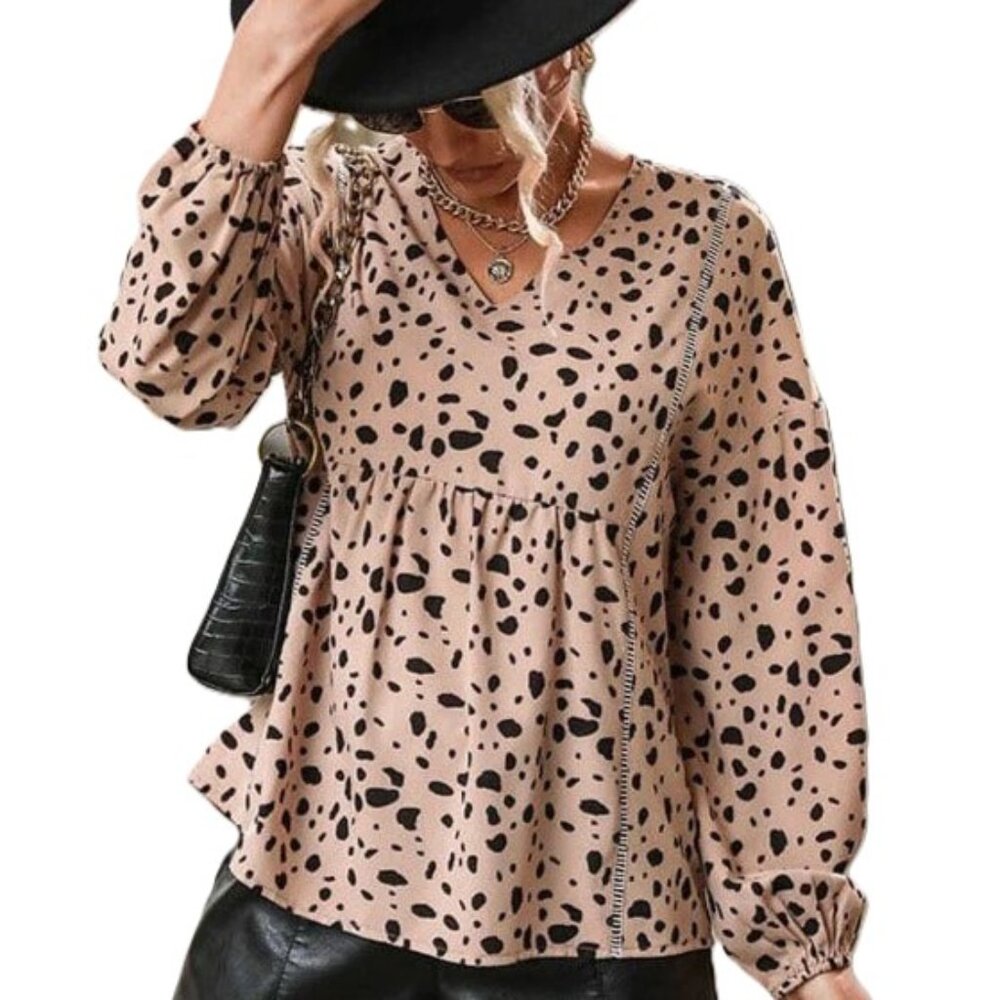 Anna-Kaci NEW Tan Dalmatian Cheetah Print V-Neck Keyhole Back Blouse M L XL